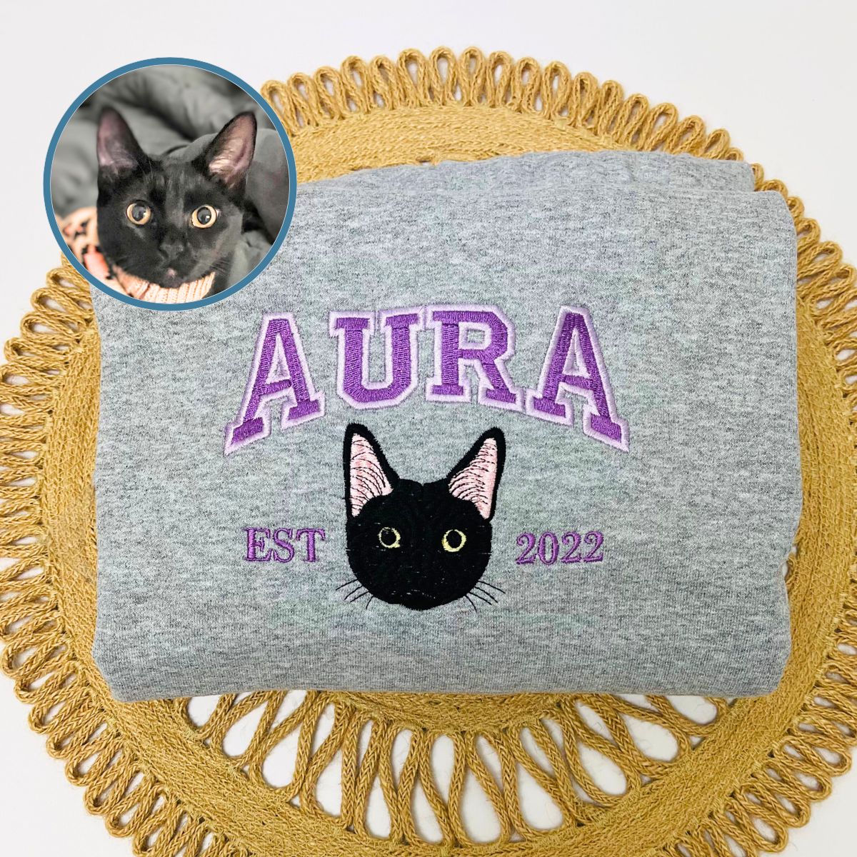 Custom Full-Color Varsity Cat Face Embroidered Hoodie