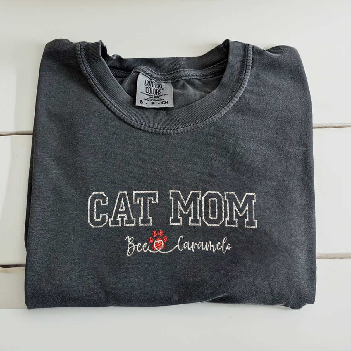 Custom Cat Mom with Names Embroidered T-Shirt