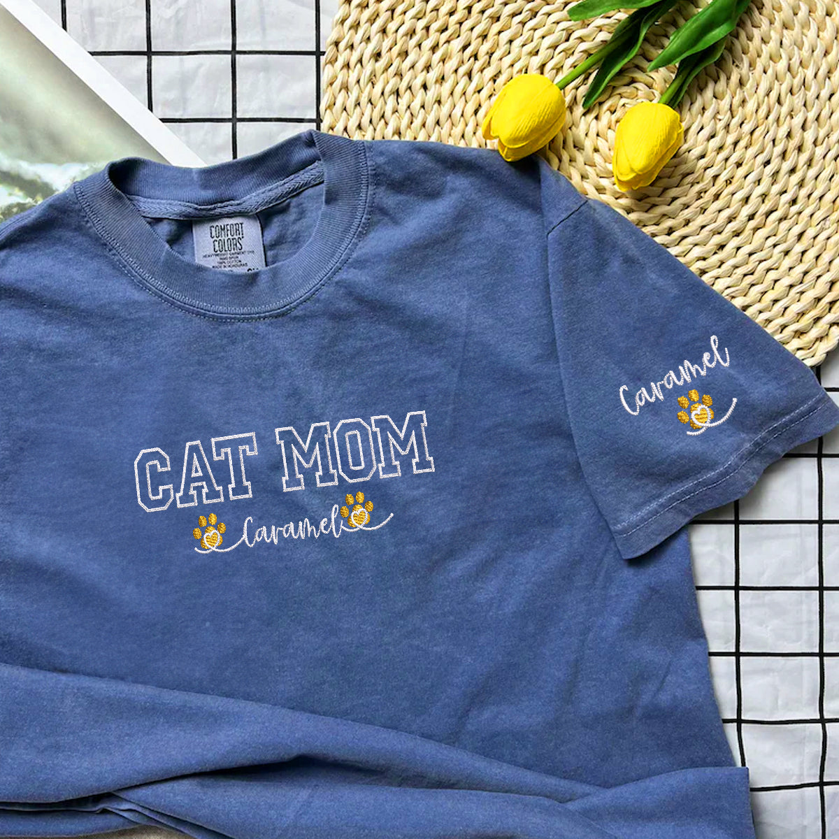 Custom Cat Mom with Names Embroidered T-Shirt