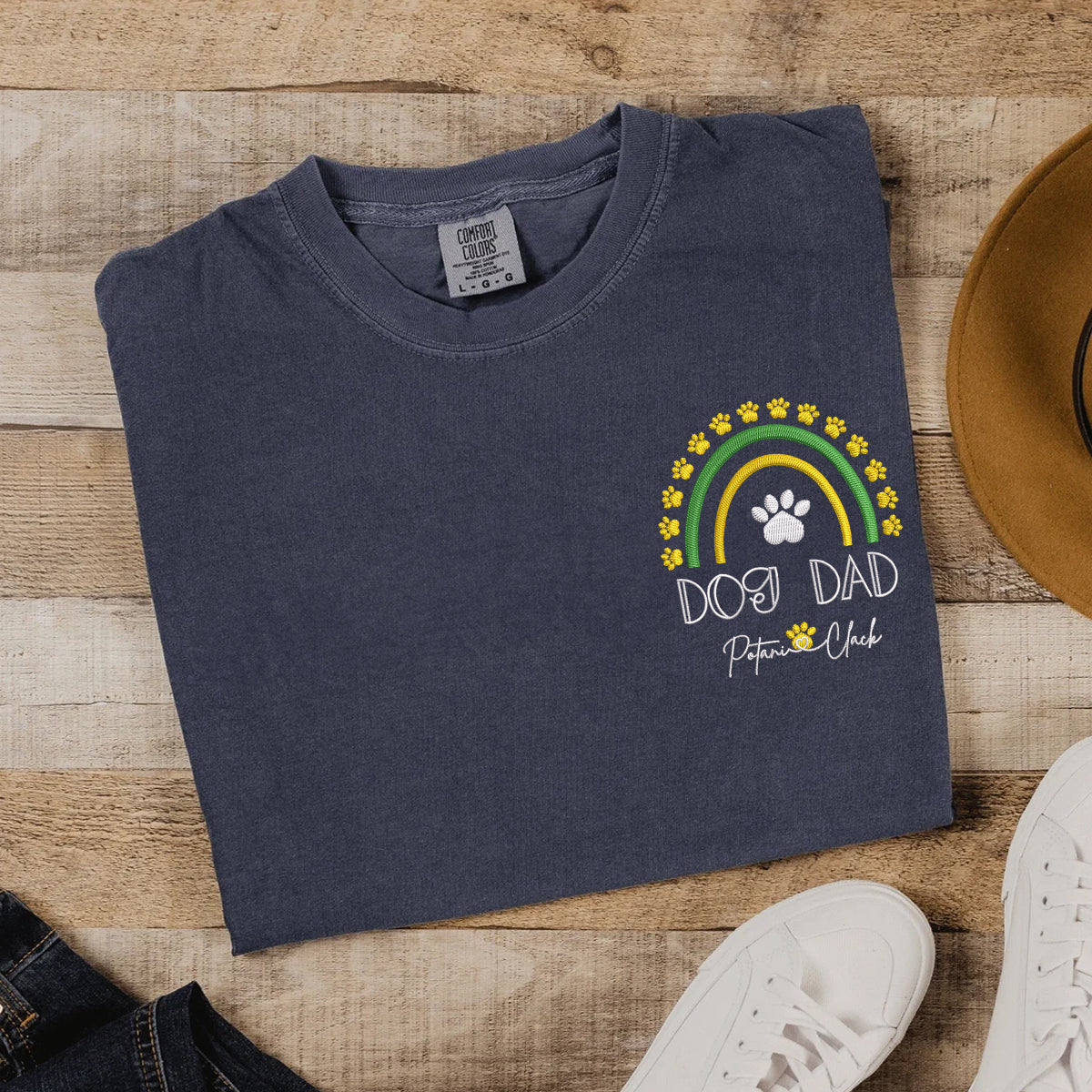 Custom Dog Dad Rainbow With Names Embroidered T-Shirt