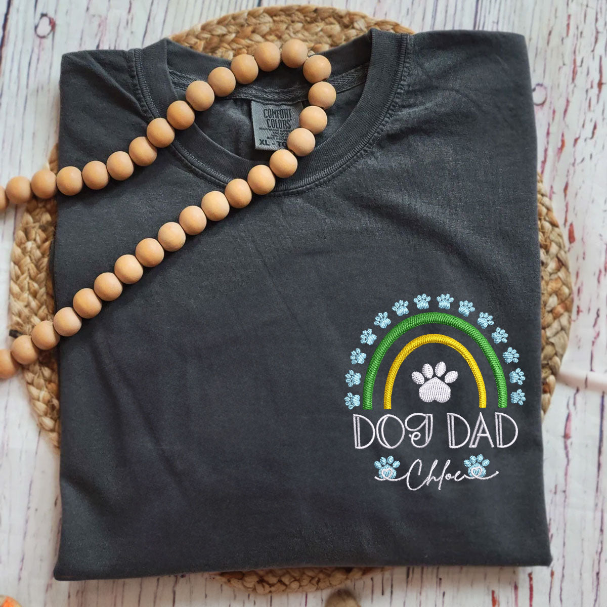 Custom Dog Dad Rainbow With Names Embroidered T-Shirt