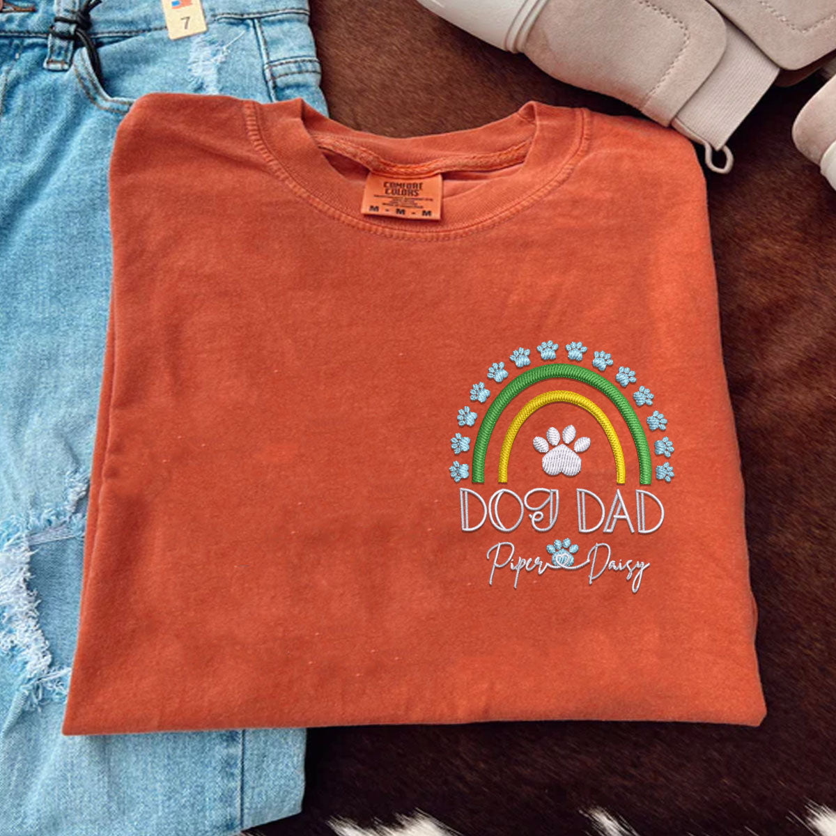 Custom Dog Dad Rainbow With Names Embroidered T-Shirt