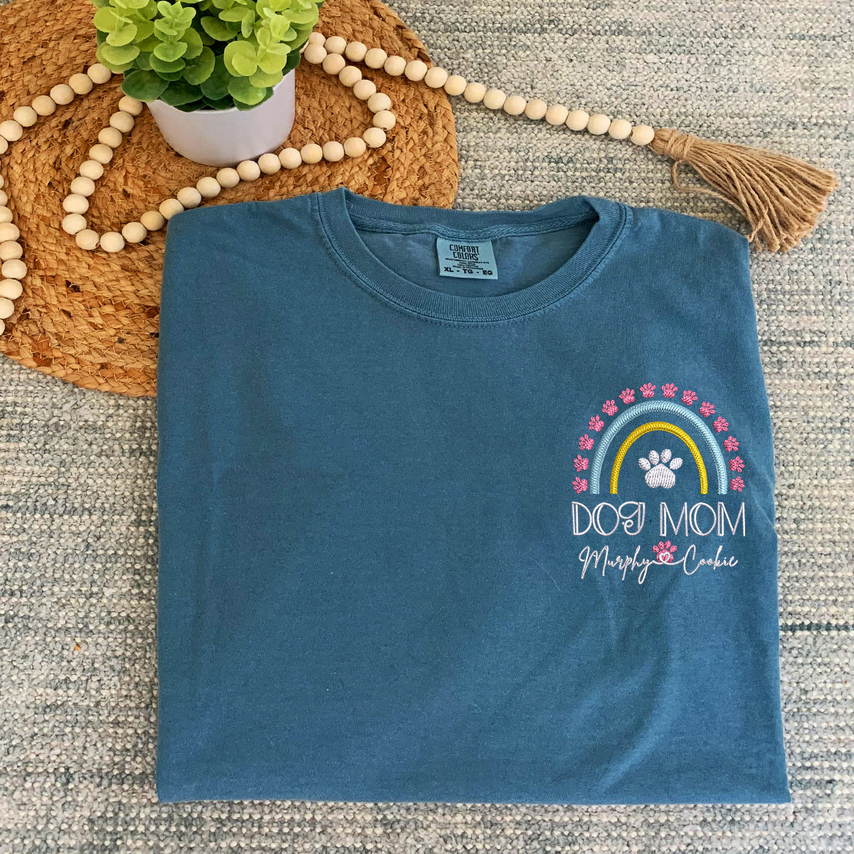 Custom Dog Mom Rainbow With Names Embroidered T-Shirt