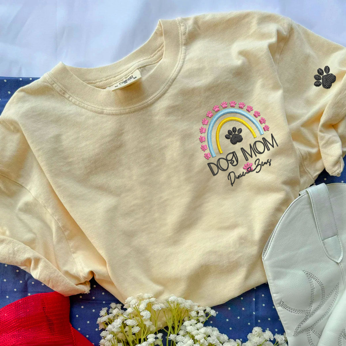 Custom Dog Mom Rainbow With Names Embroidered T-Shirt