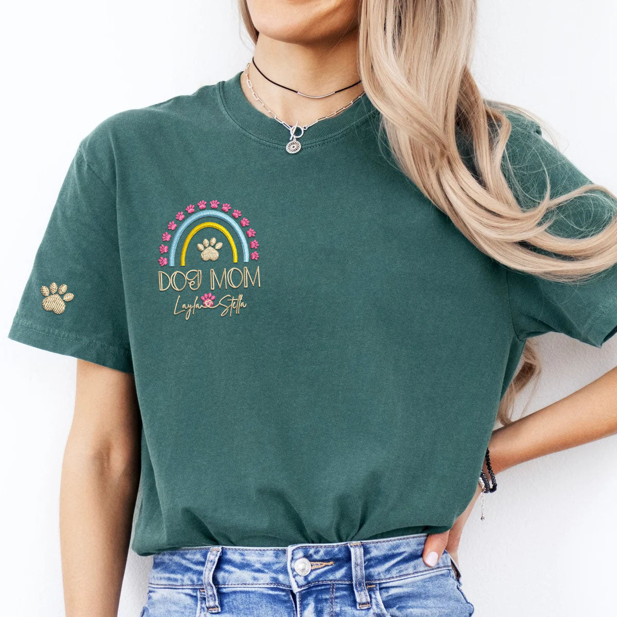 Custom Dog Mom Rainbow With Names Embroidered T-Shirt