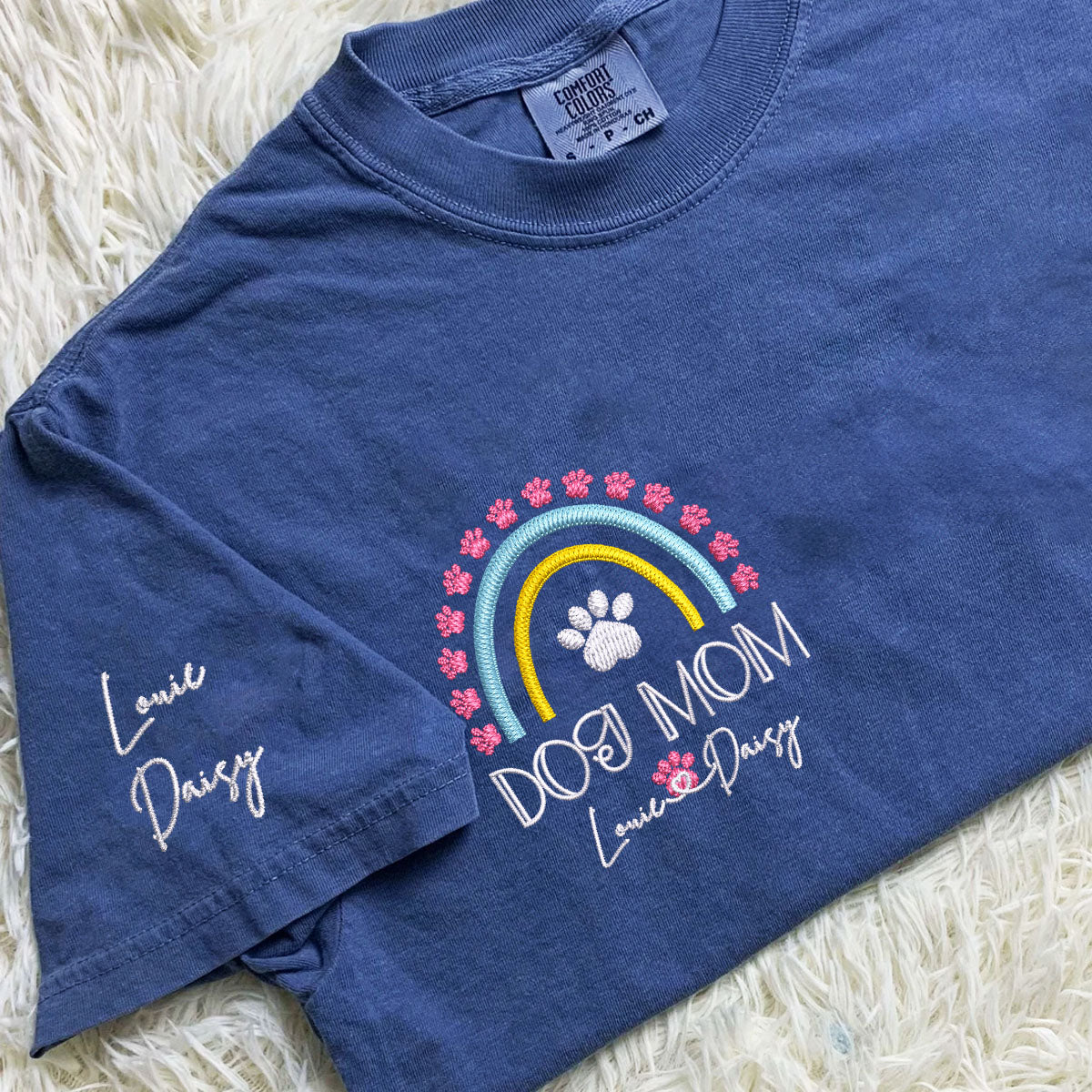 Custom Dog Mom Rainbow With Names Embroidered T-Shirt
