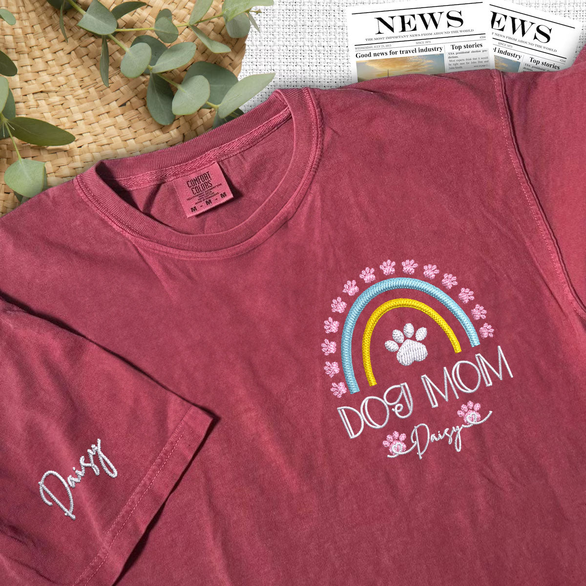 Custom Dog Mom Rainbow With Names Embroidered T-Shirt