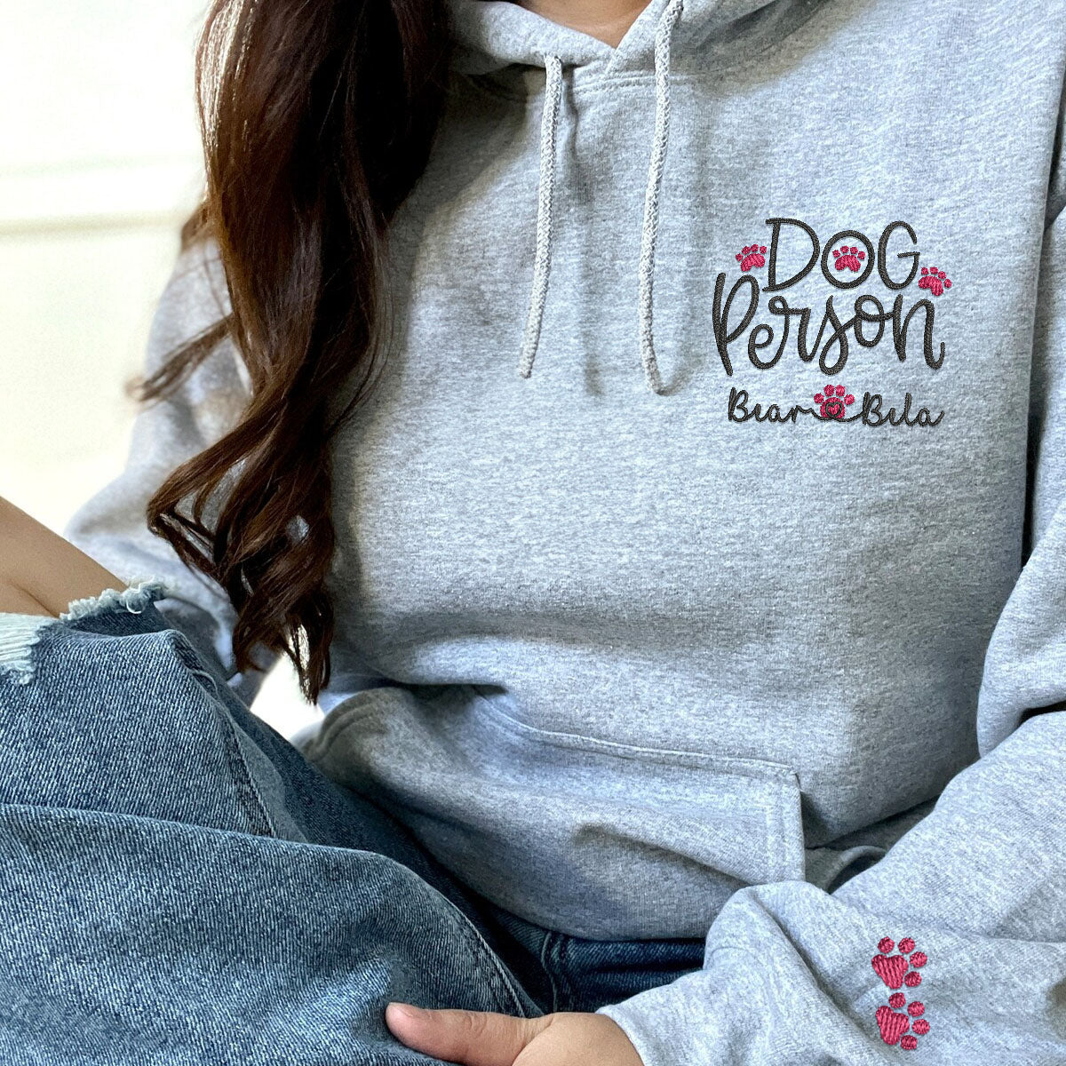 Custom Dog Person With Dog Names Embroidered Hoodie
