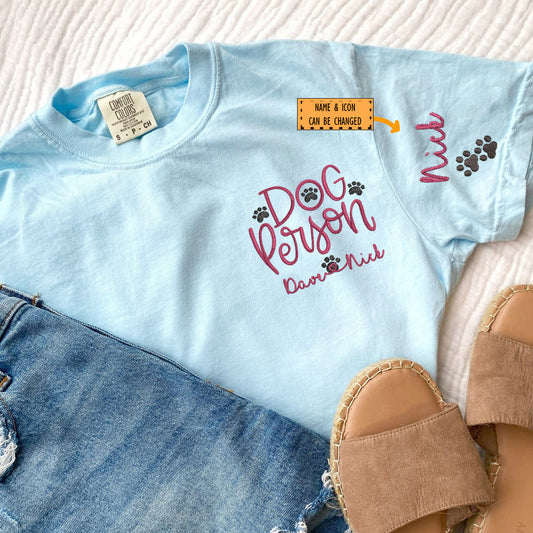 Custom Dog Person With Dog Names Embroidered T-Shirt