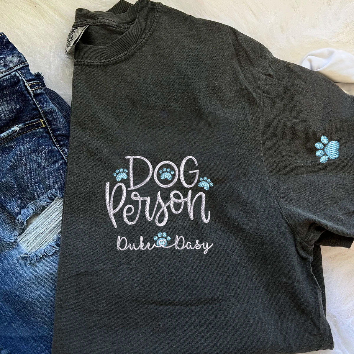 Custom Dog Person With Dog Names Embroidered T-Shirt