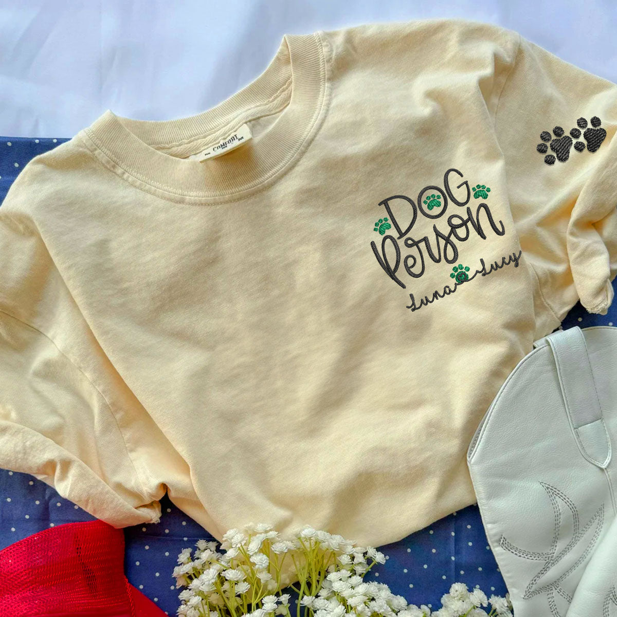 Custom Dog Person With Dog Names Embroidered T-Shirt