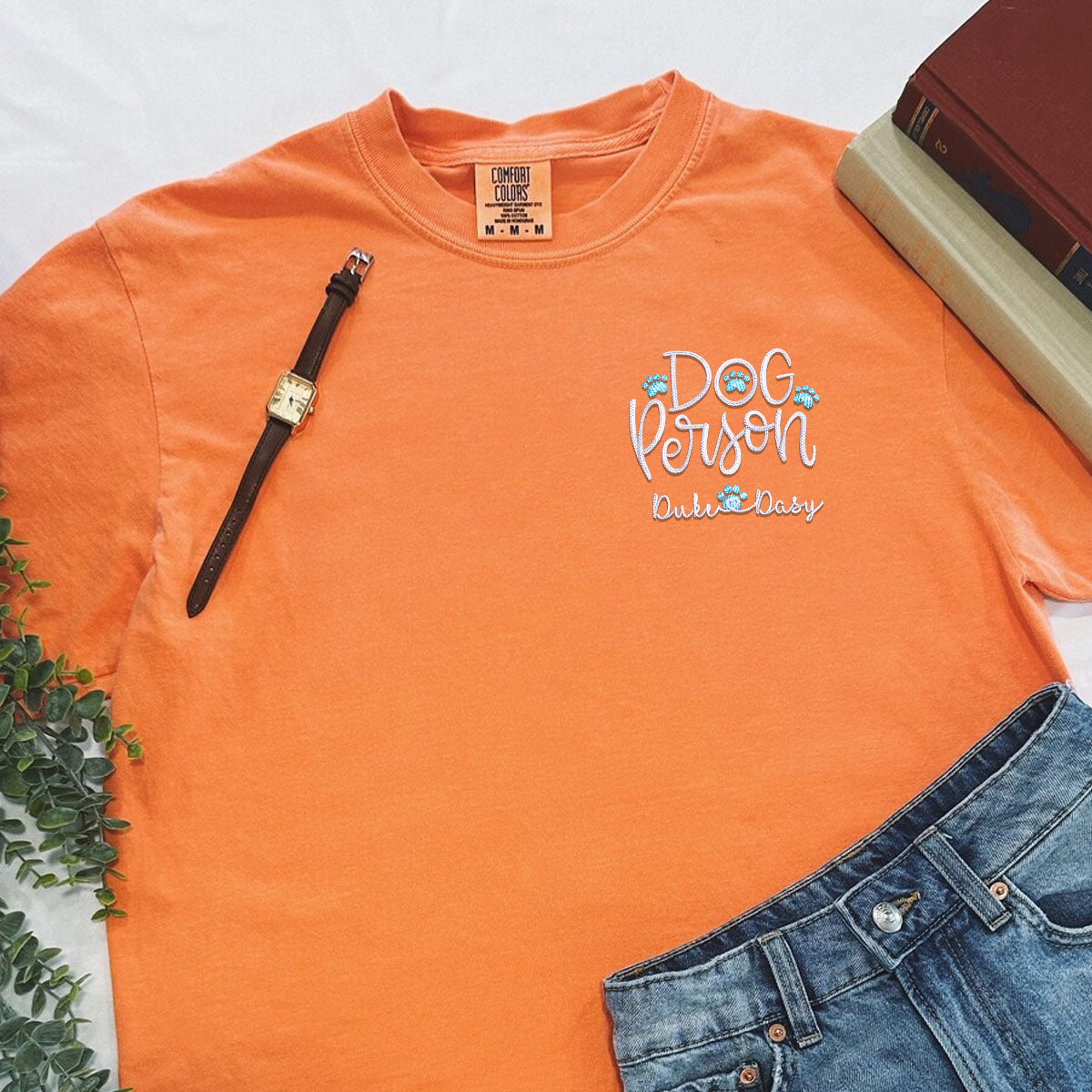 Custom Dog Person With Dog Names Embroidered T-Shirt