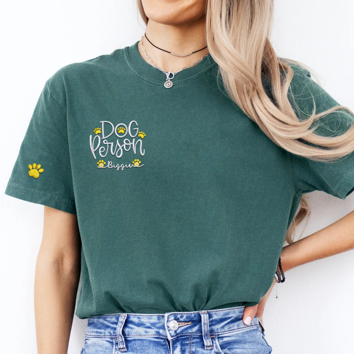 Custom Dog Person With Dog Names Embroidered T-Shirt
