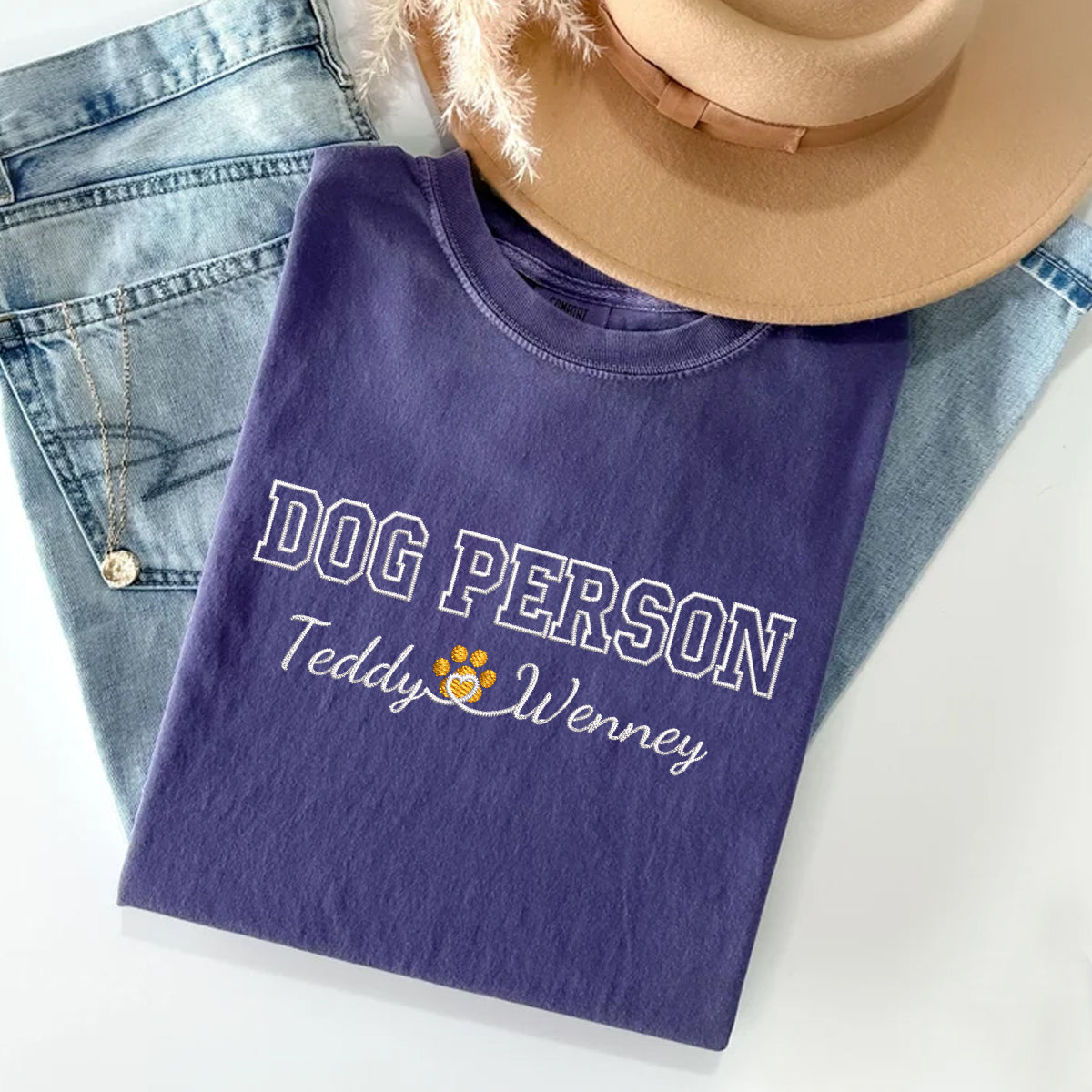 Custom Dog Person With Names Embroidered T-Shirt