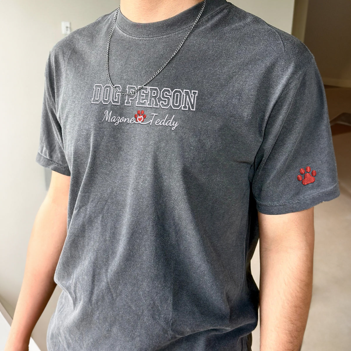 Custom Dog Person With Names Embroidered T-Shirt