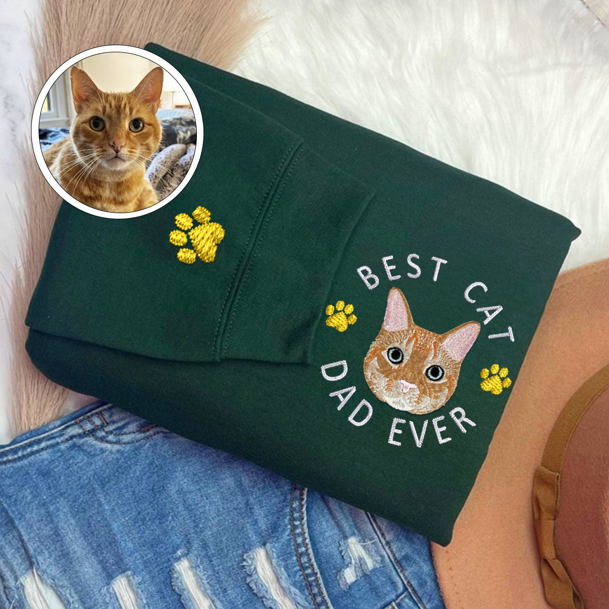 Custom Full-Color Best Cat Dad Ever Embroidered Hoodie