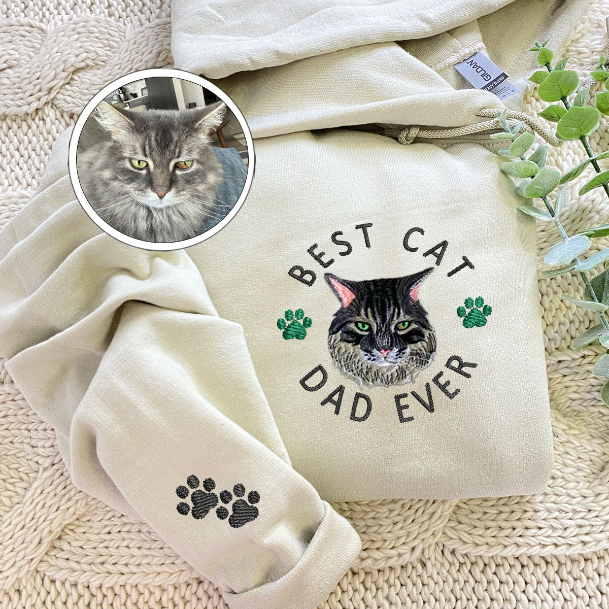 Custom Full-Color Best Cat Dad Ever Embroidered Hoodie