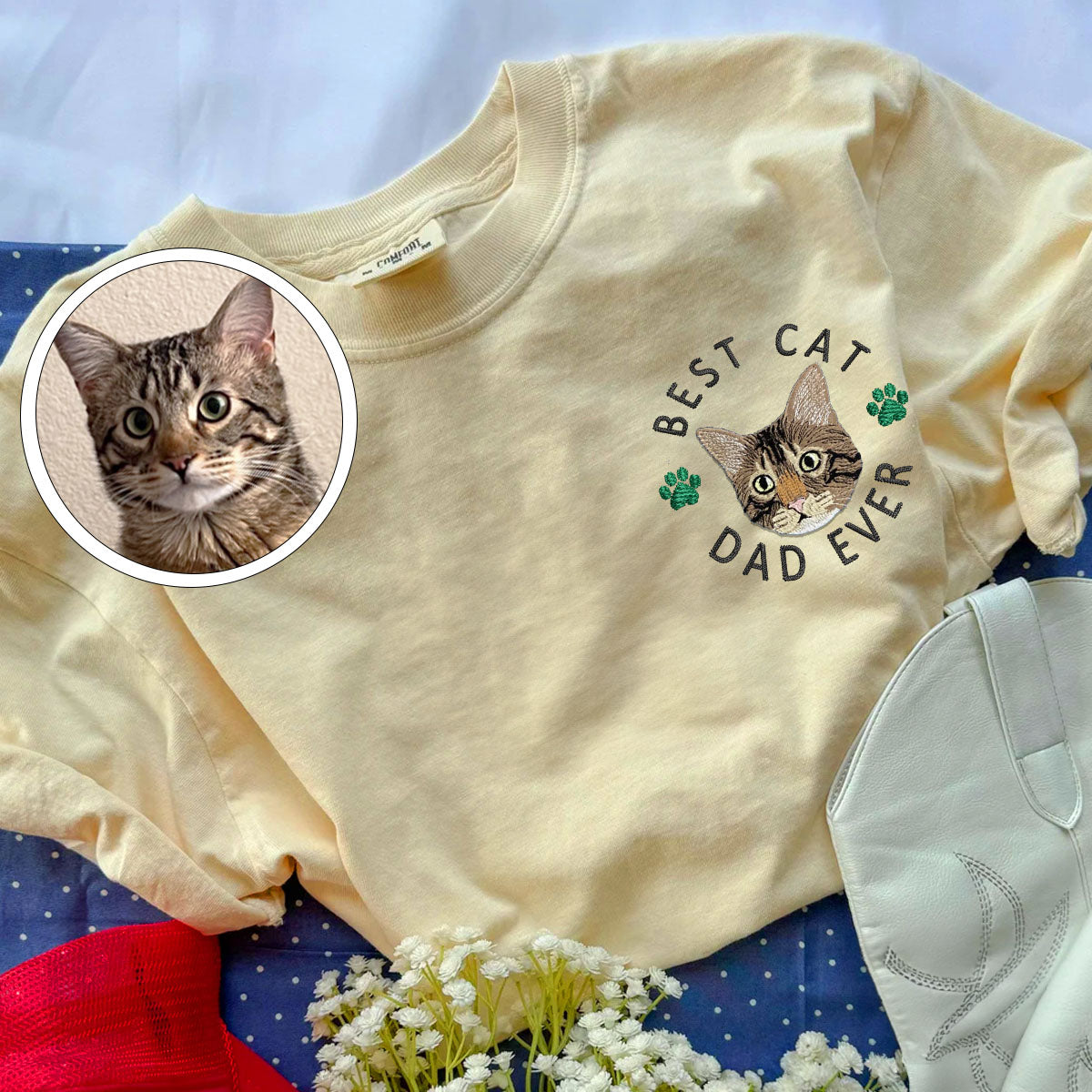 Custom Full-Color Best Cat Dad Ever Embroidered T-Shirt