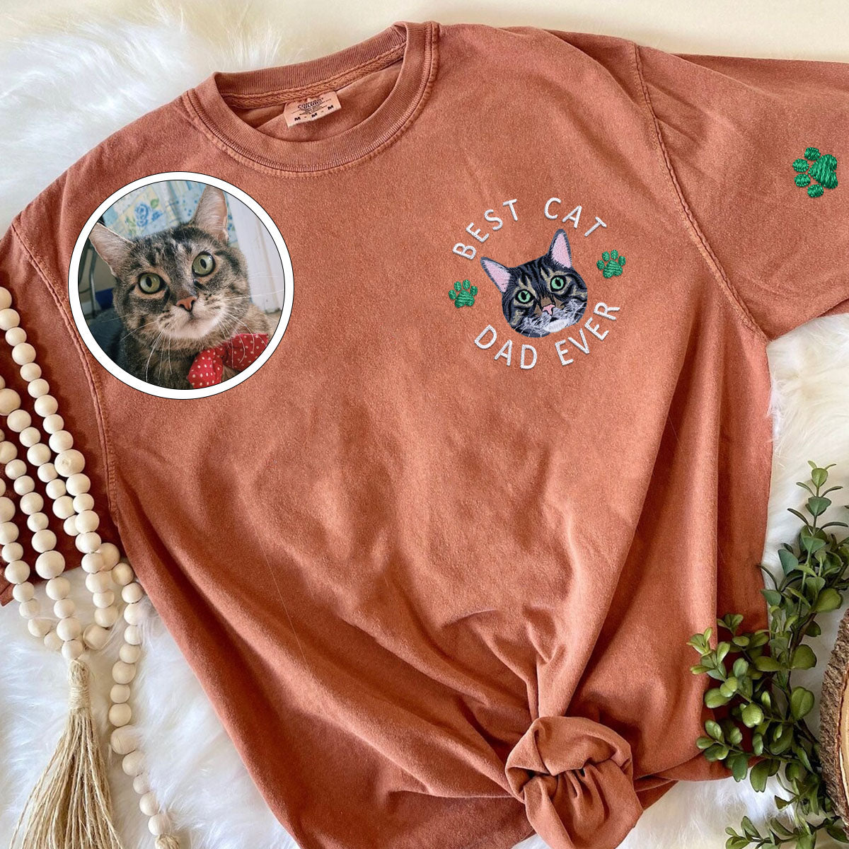 Custom Full-Color Best Cat Dad Ever Embroidered T-Shirt