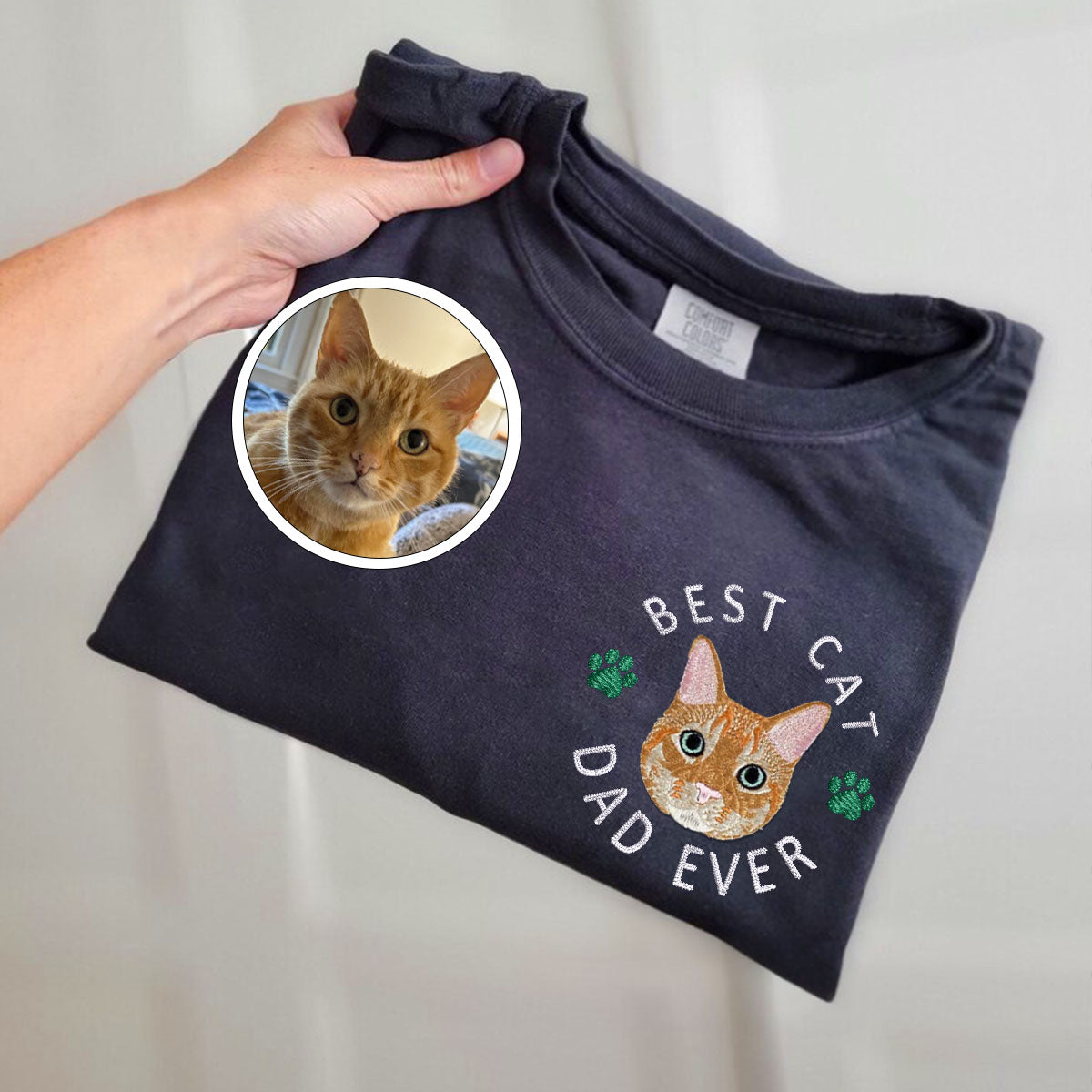 Custom Full-Color Best Cat Dad Ever Embroidered T-Shirt