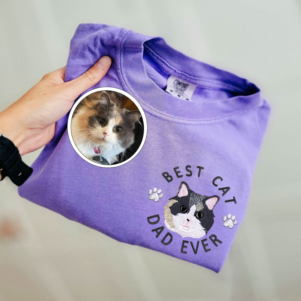 Custom Full-Color Best Cat Dad Ever Embroidered T-Shirt