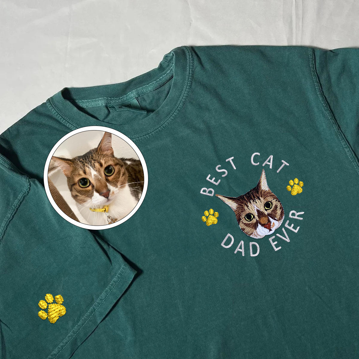 Custom Full-Color Best Cat Dad Ever Embroidered T-Shirt
