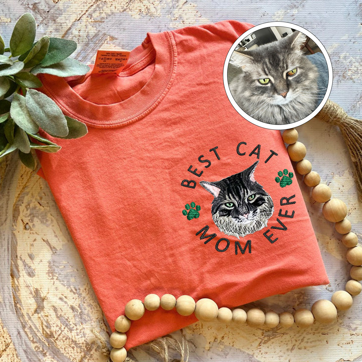 Custom Full-Color Best Cat Mom Ever Embroidered T-Shirt