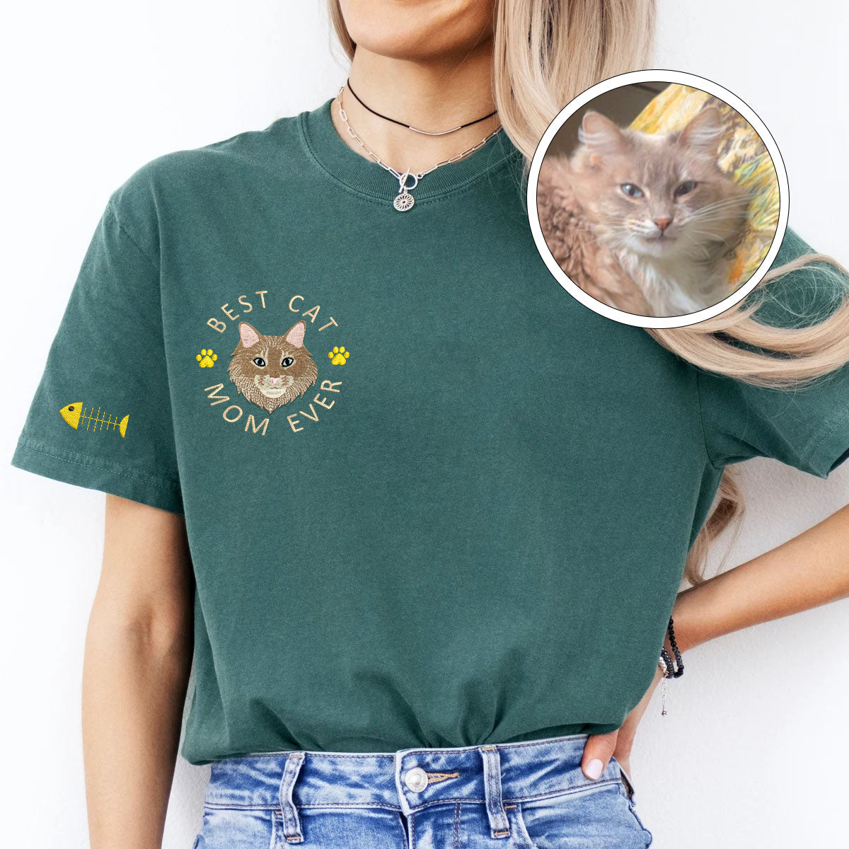 Custom Full-Color Best Cat Mom Ever Embroidered T-Shirt
