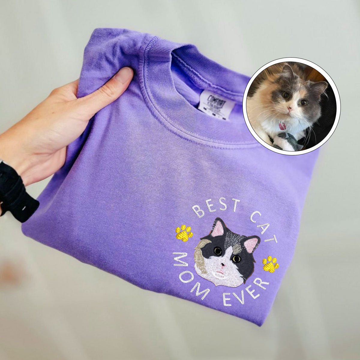 Custom Full-Color Best Cat Mom Ever Embroidered T-Shirt