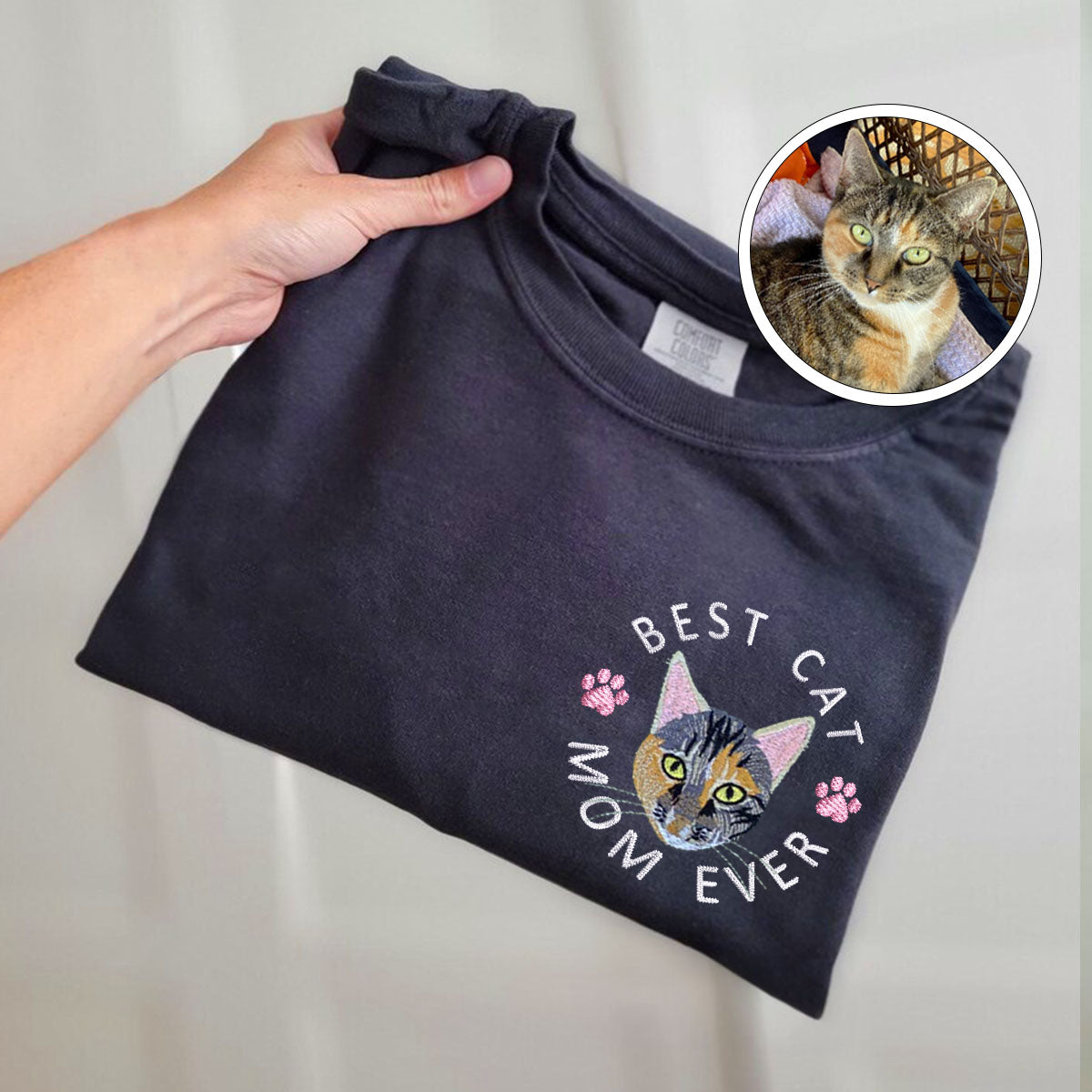 Custom Full-Color Best Cat Mom Ever Embroidered T-Shirt