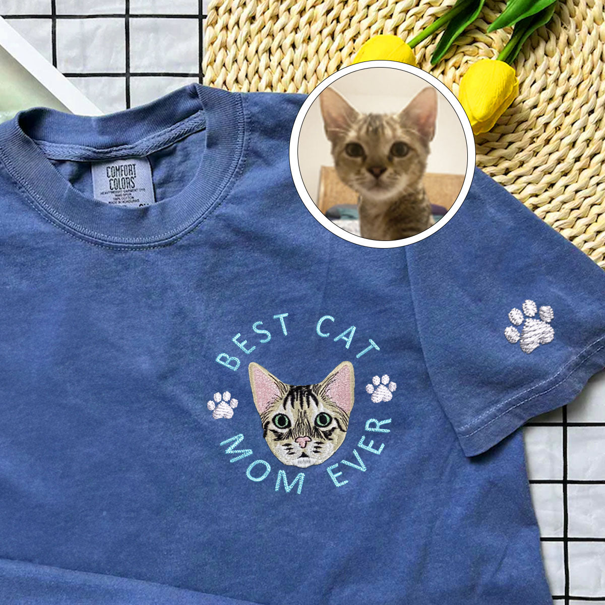 Custom Full-Color Best Cat Mom Ever Embroidered T-Shirt
