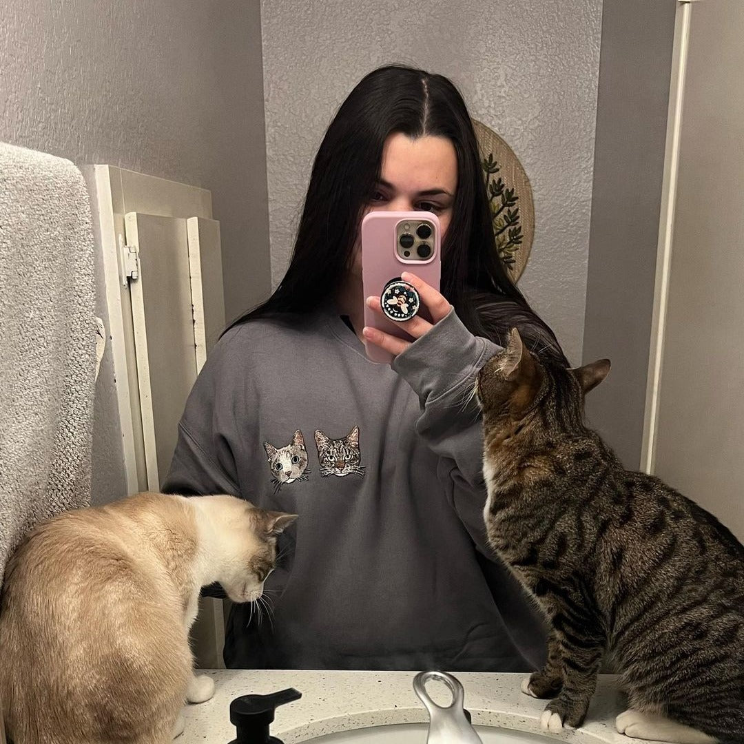 Custom Full-Color Cat Face Photo Embroidered Sweatshirt