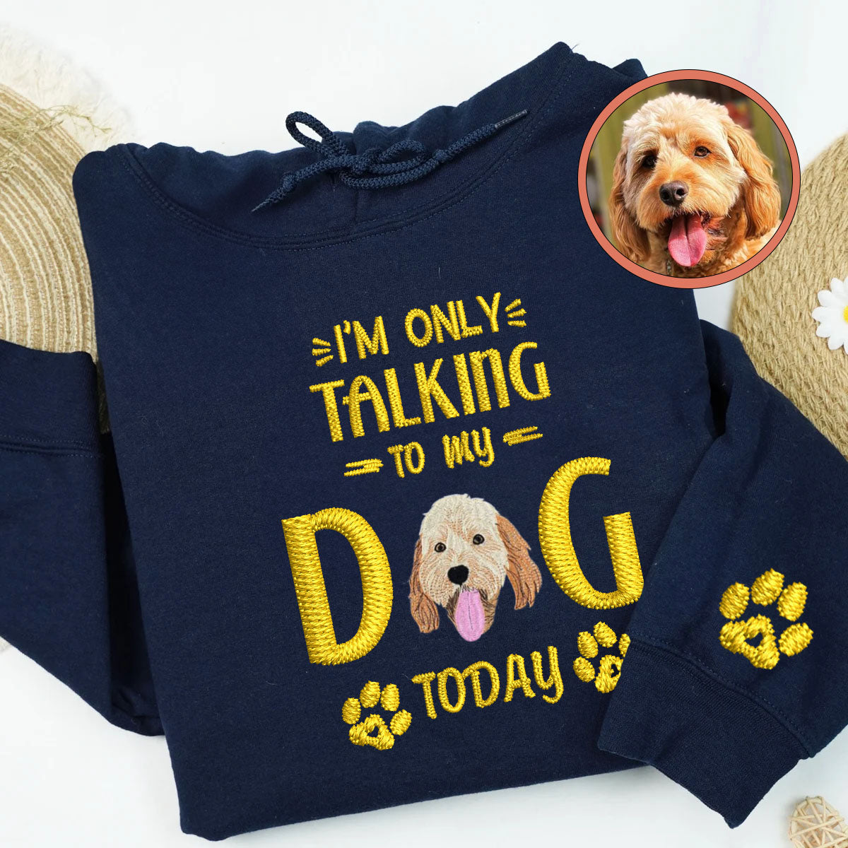 Custom Full-Color I'm Only Talking To My Dog Today Embroidered Hoodie