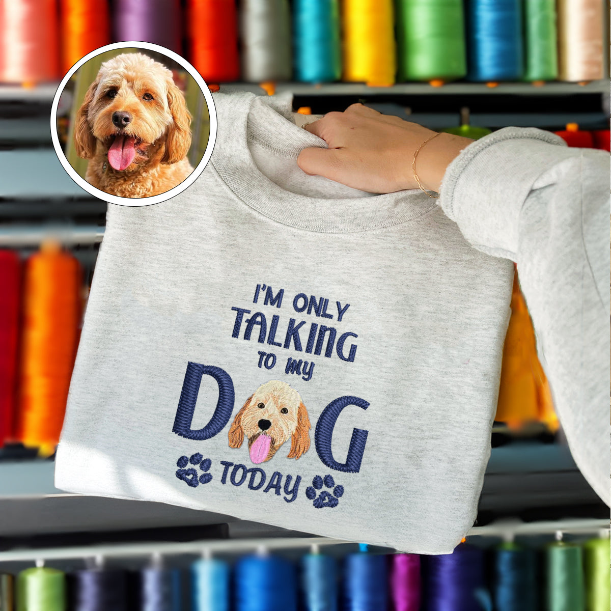 Custom Full-Color I'm Only Talking To My Dog Today Embroidered Sweatshirt