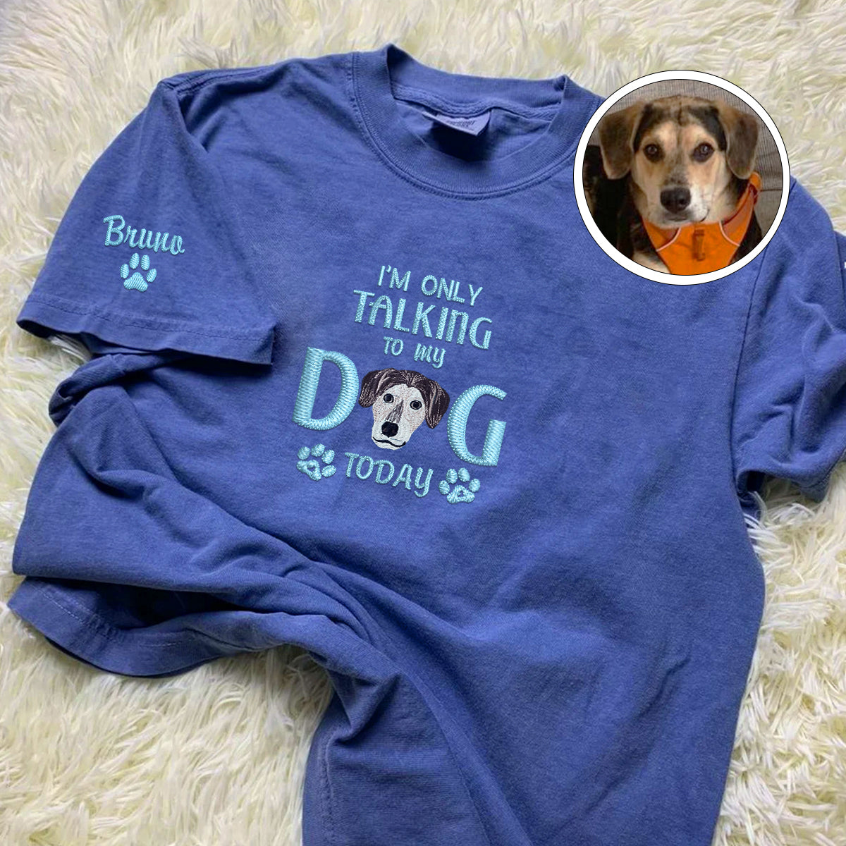 Custom Full-Color I'm Only Talking To My Dog Today Embroidered T-Shirt