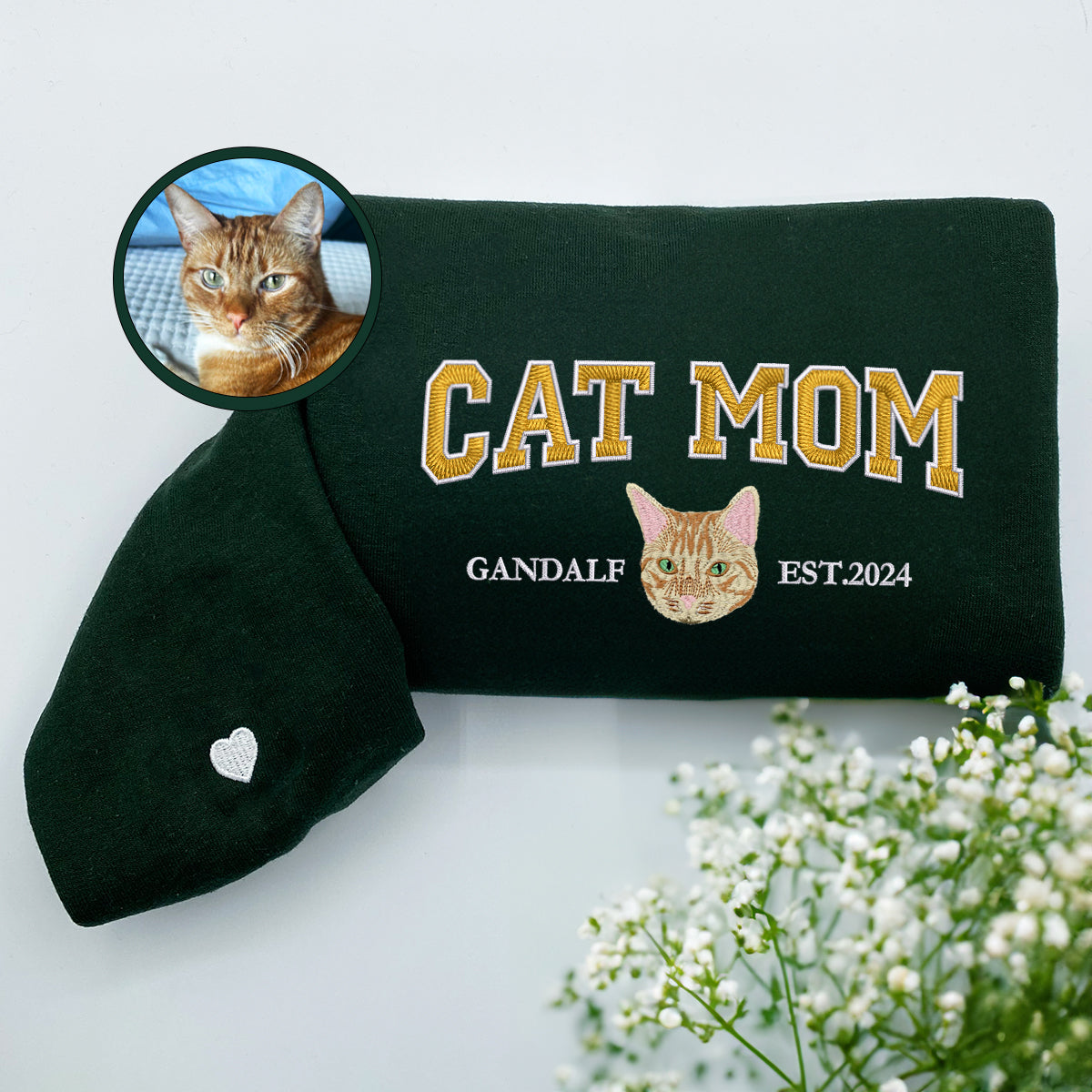 Custom Full-Color Varsity Cat Mom Embroidered Hoodie