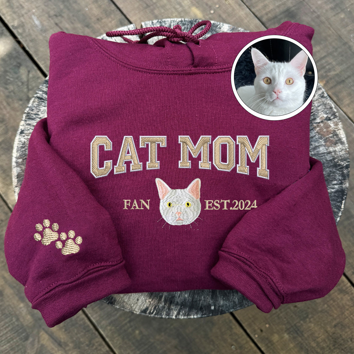 Custom Full-Color Varsity Cat Mom Embroidered Hoodie
