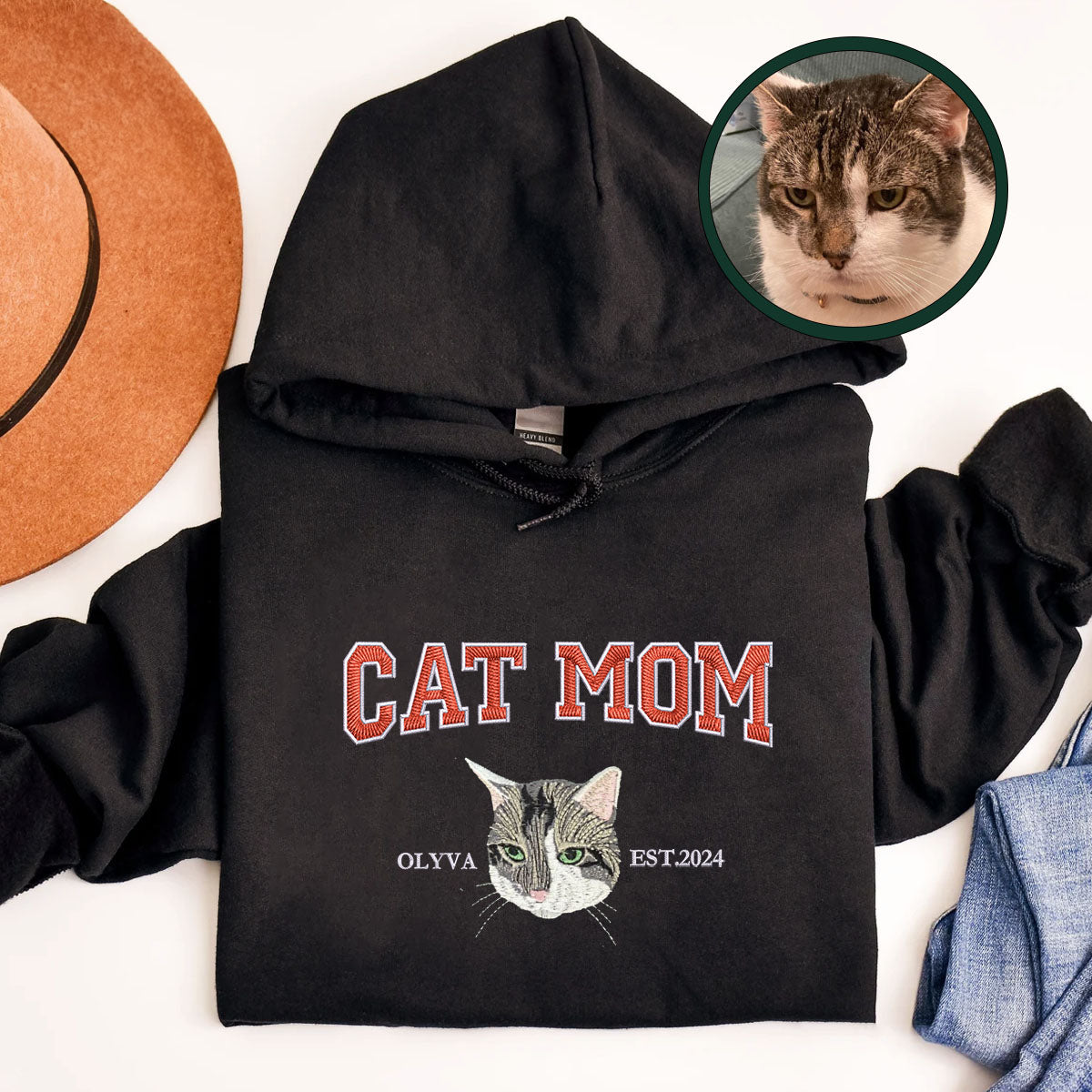 Custom Full-Color Varsity Cat Mom Embroidered Hoodie