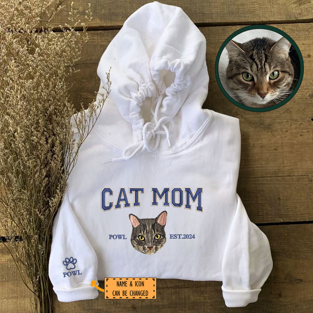 Custom Full-Color Varsity Cat Mom Embroidered Hoodie