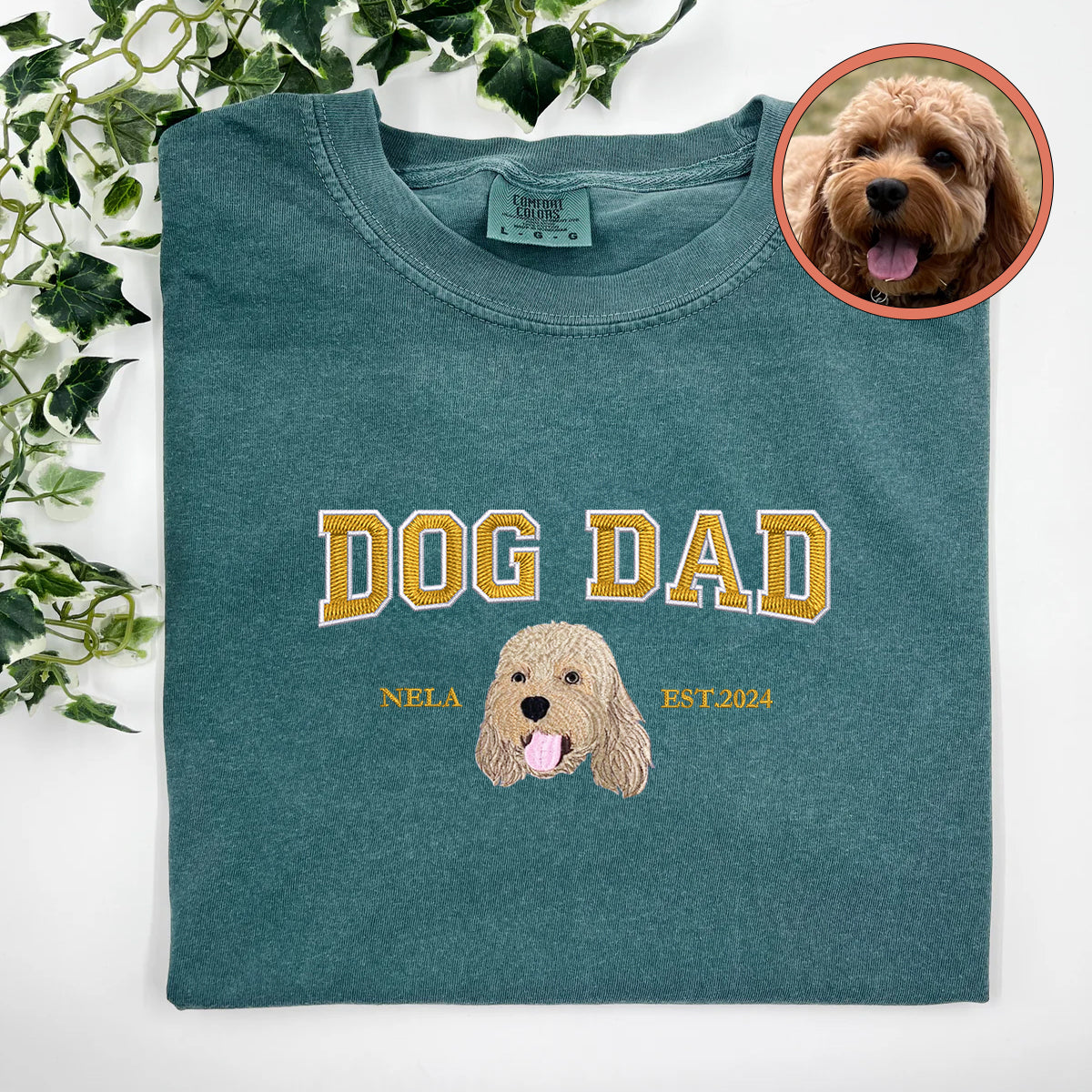 Custom Full-Color Varsity Dog Dad Embroidered T-Shirt