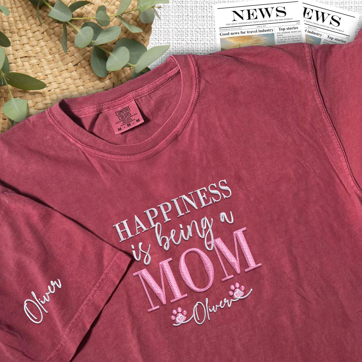Custom Happiness Is Being A Mom With Names Embroidered T-Shirt