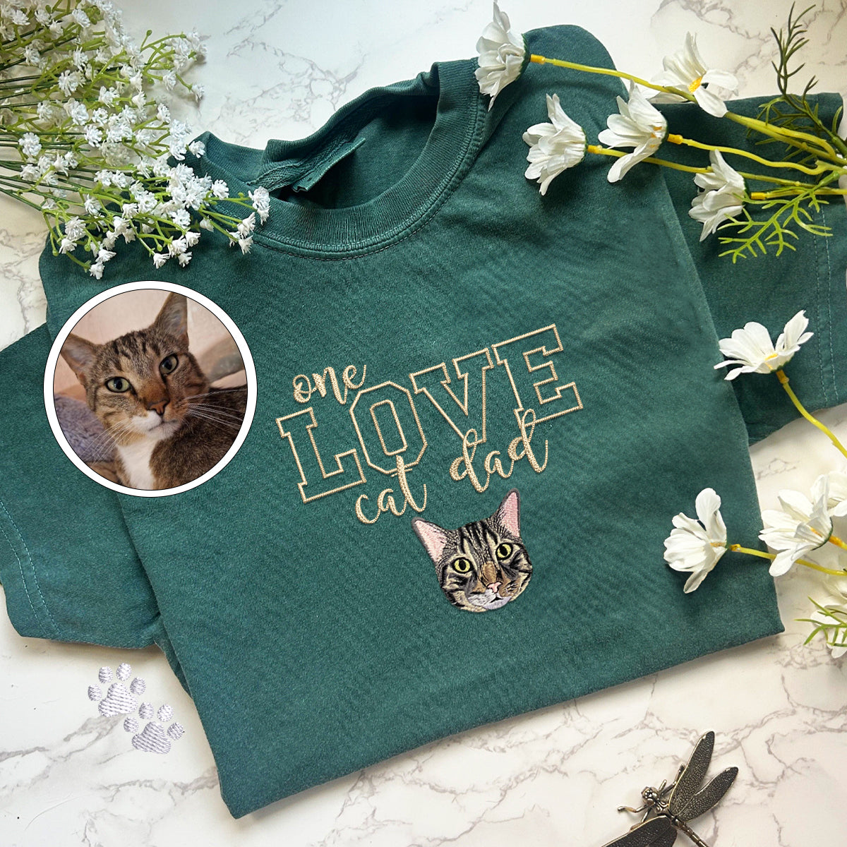 Custom One Love Cat Dad Embroidered T-Shirt