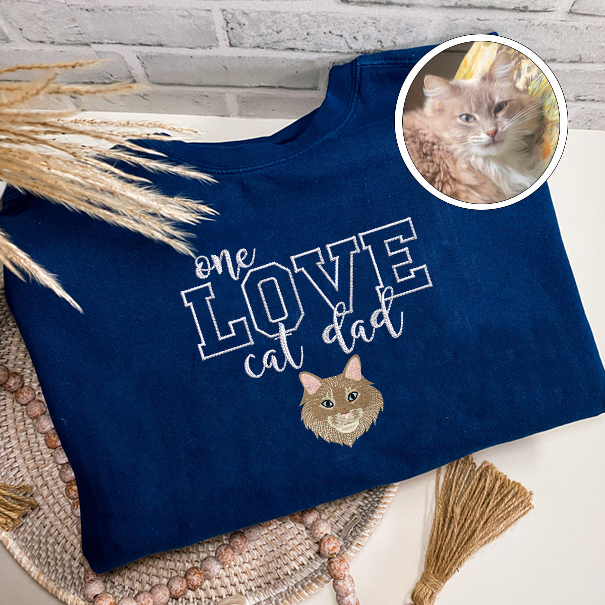 Custom One Love Cat Dad Embroidered T-Shirt