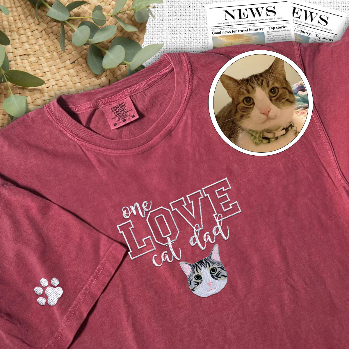 Custom One Love Cat Dad Embroidered T-Shirt