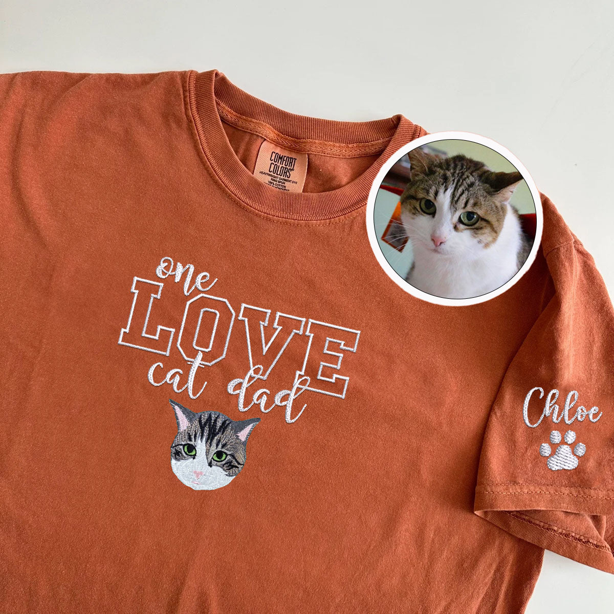Custom One Love Cat Dad Embroidered T-Shirt