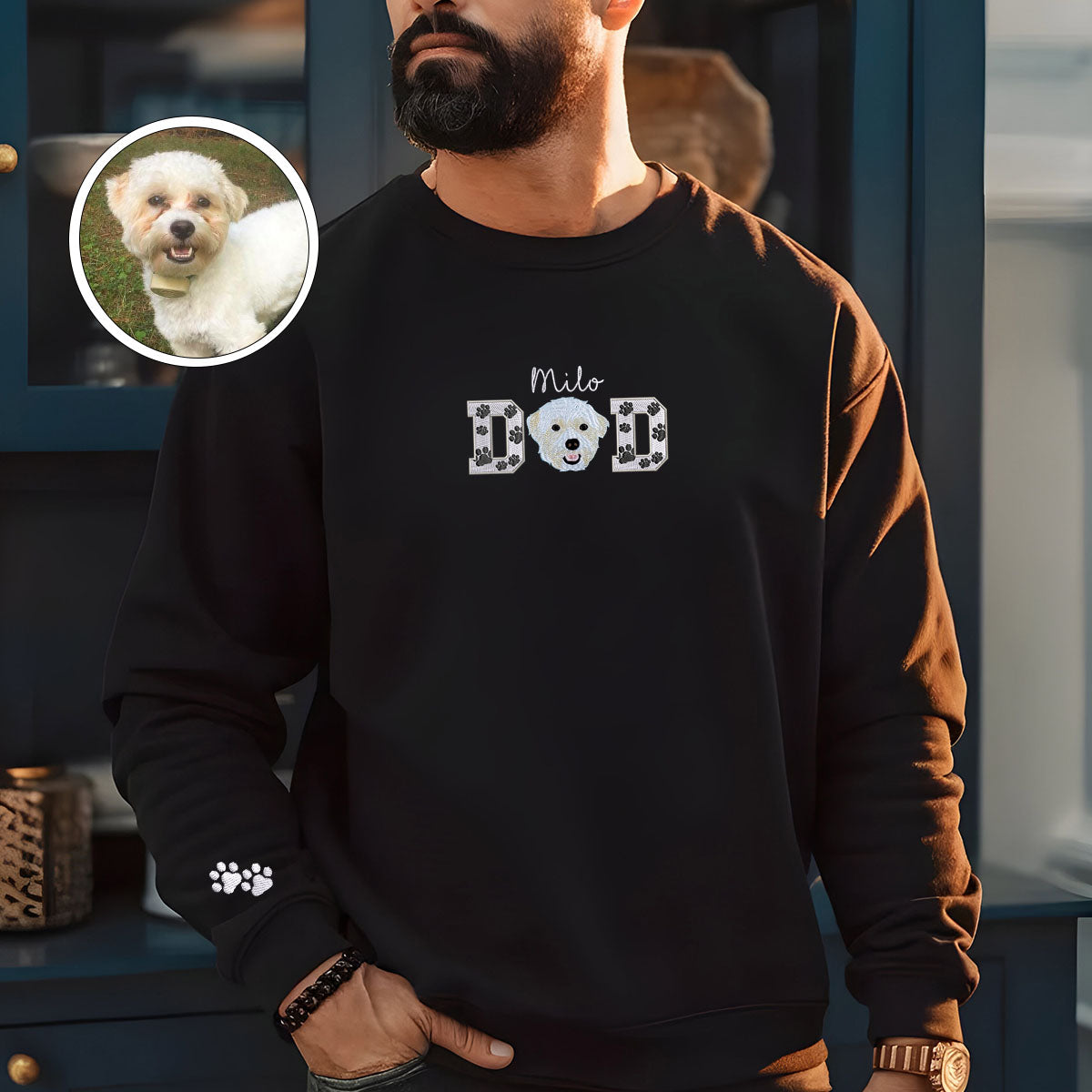 Custom Pet Dad With Pet Photo Embroidered Sweatshirt