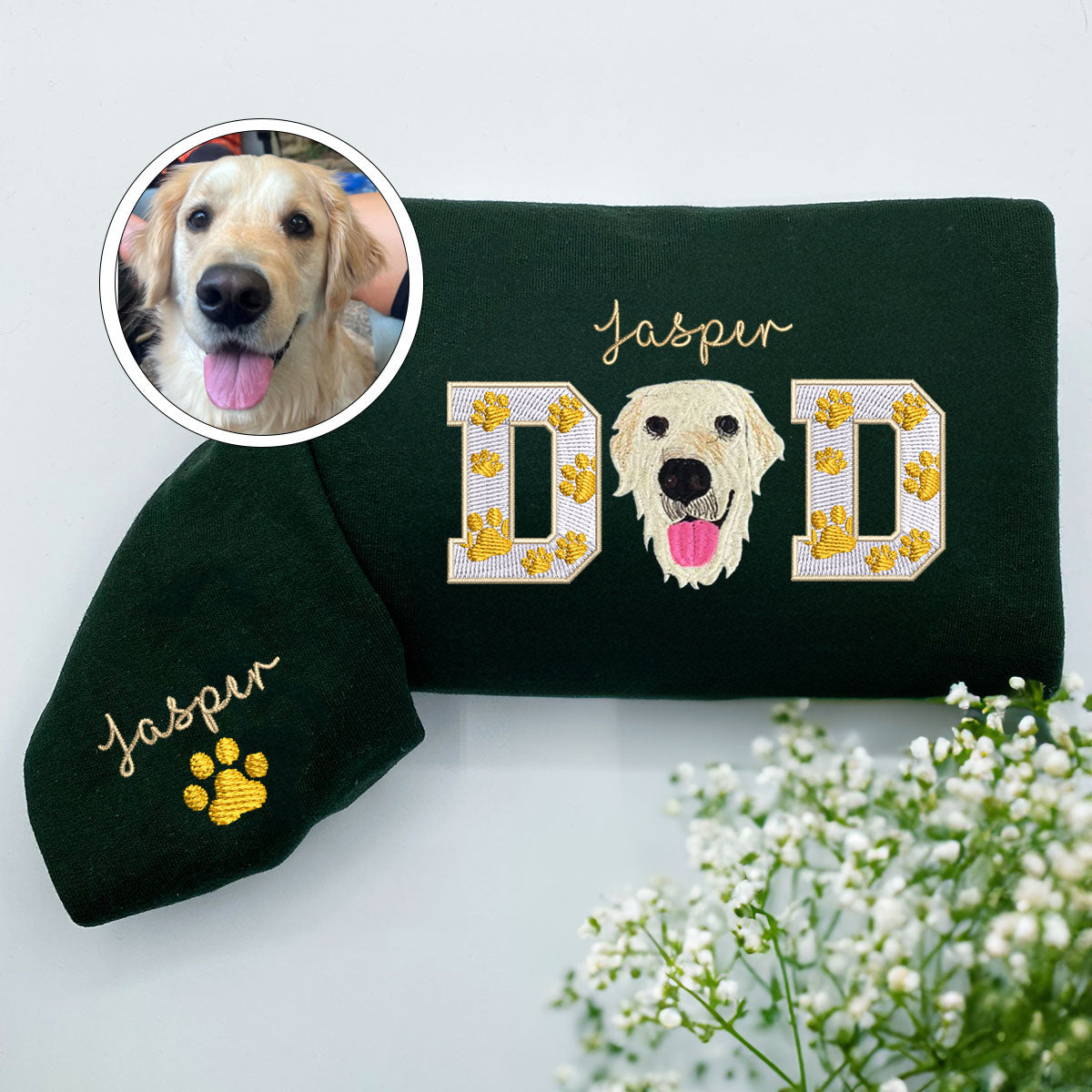 Custom Pet Dad With Pet Photo Embroidered Sweatshirt