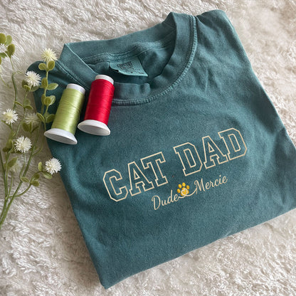 Custom Cat Dad with Names Embroidered T-Shirt