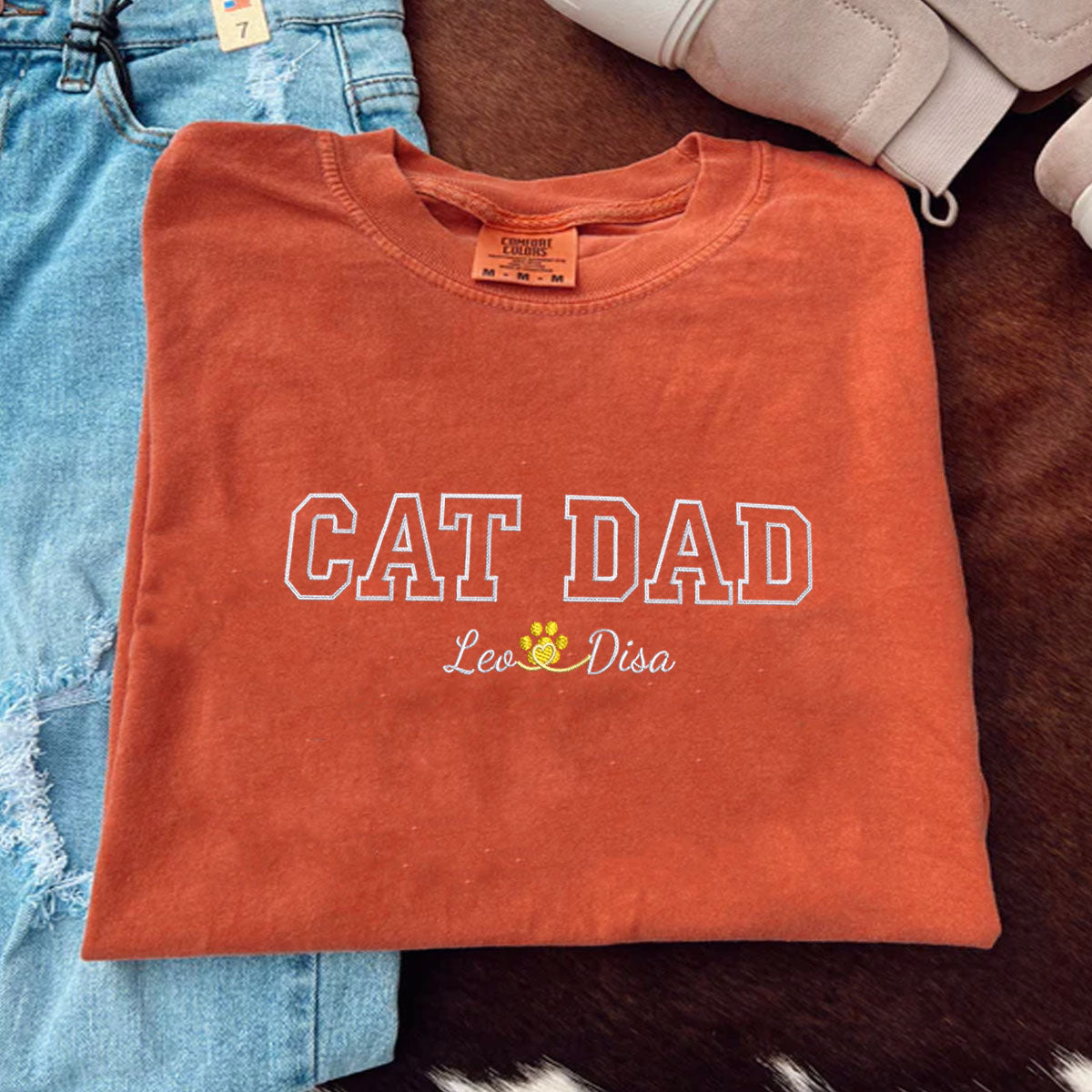 Custom Cat Dad with Names Embroidered T-Shirt