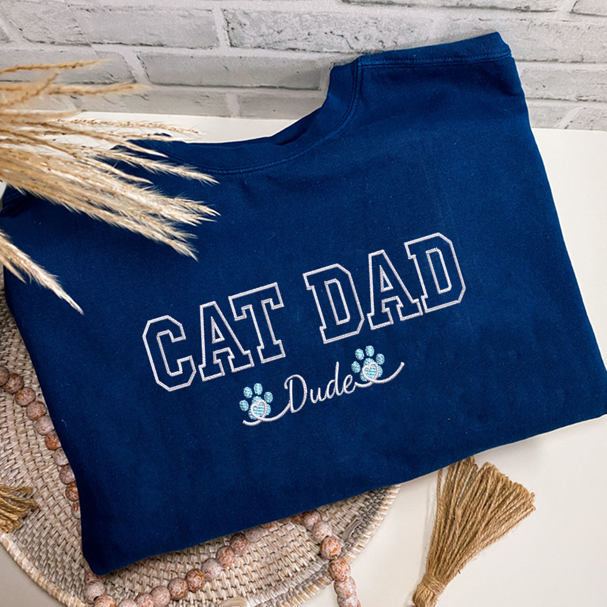 Custom Cat Dad with Names Embroidered T-Shirt